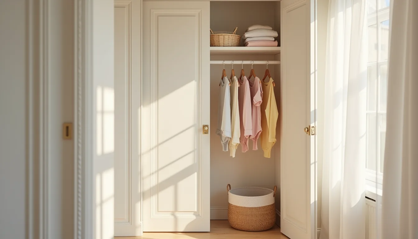 Open pastel closet with child-height rod holding small hangers, shelf of folded sweaters, and woven basket on floor.