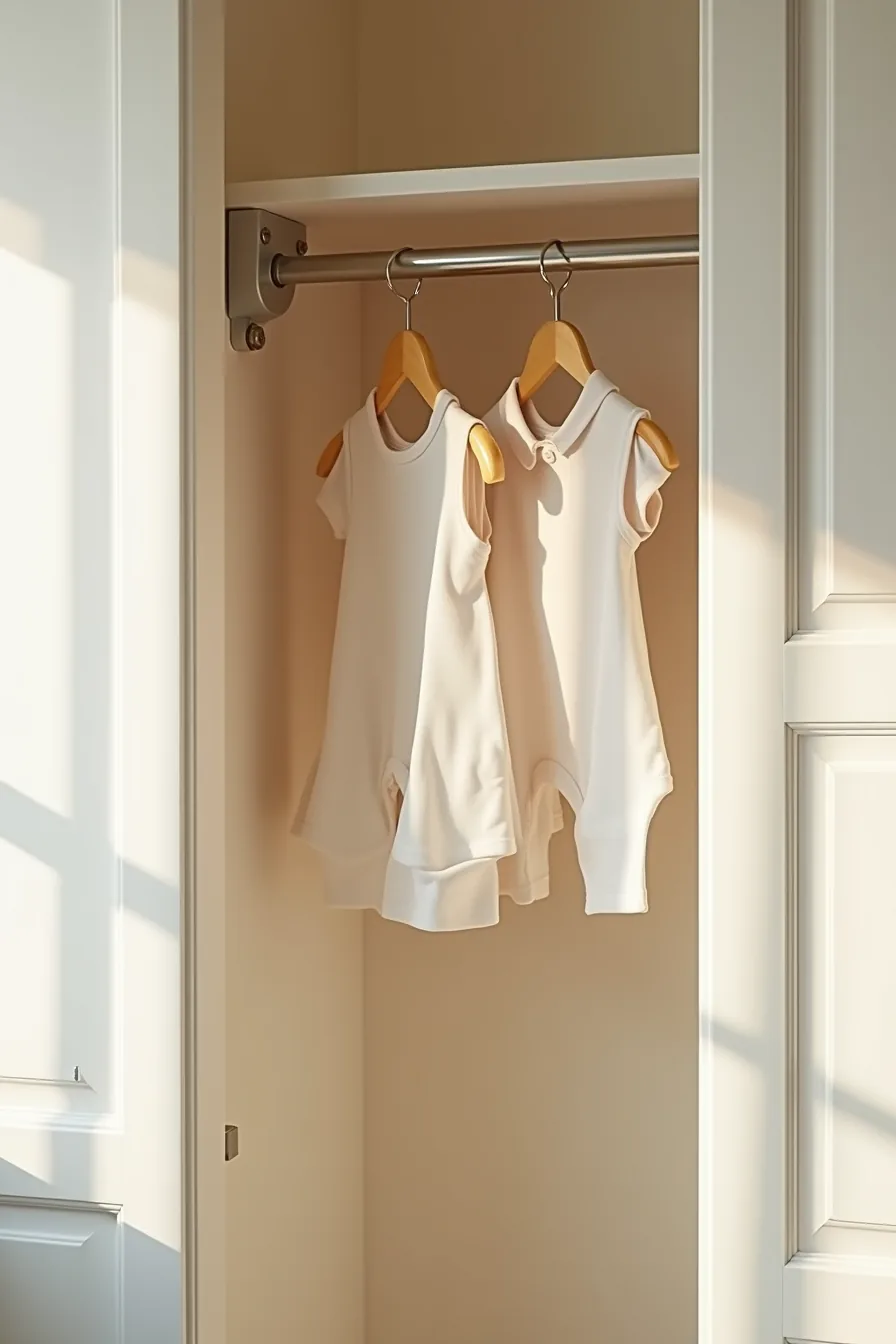 Narrow closet with two rods at different heights holding infant hangers and clothing, metal bracket visible.