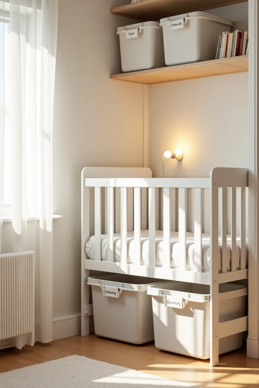 Clear plastic labeled bins stored under crib and stacked on high closet shelf for seasonal baby storage.