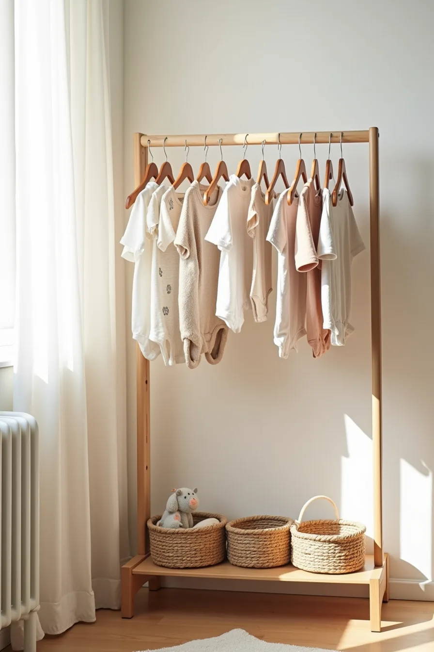 Metal wardrobe rack with baby garments on hangers and three woven baskets below for socks, accessories, and onesies.