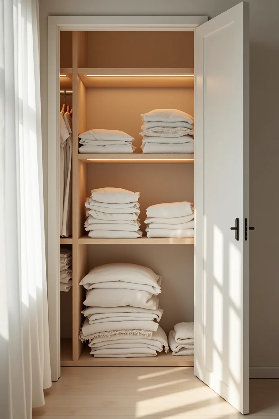 Four shelves with wooden dividers organizing stacked bodysuits, pants, and sweaters by size sections.