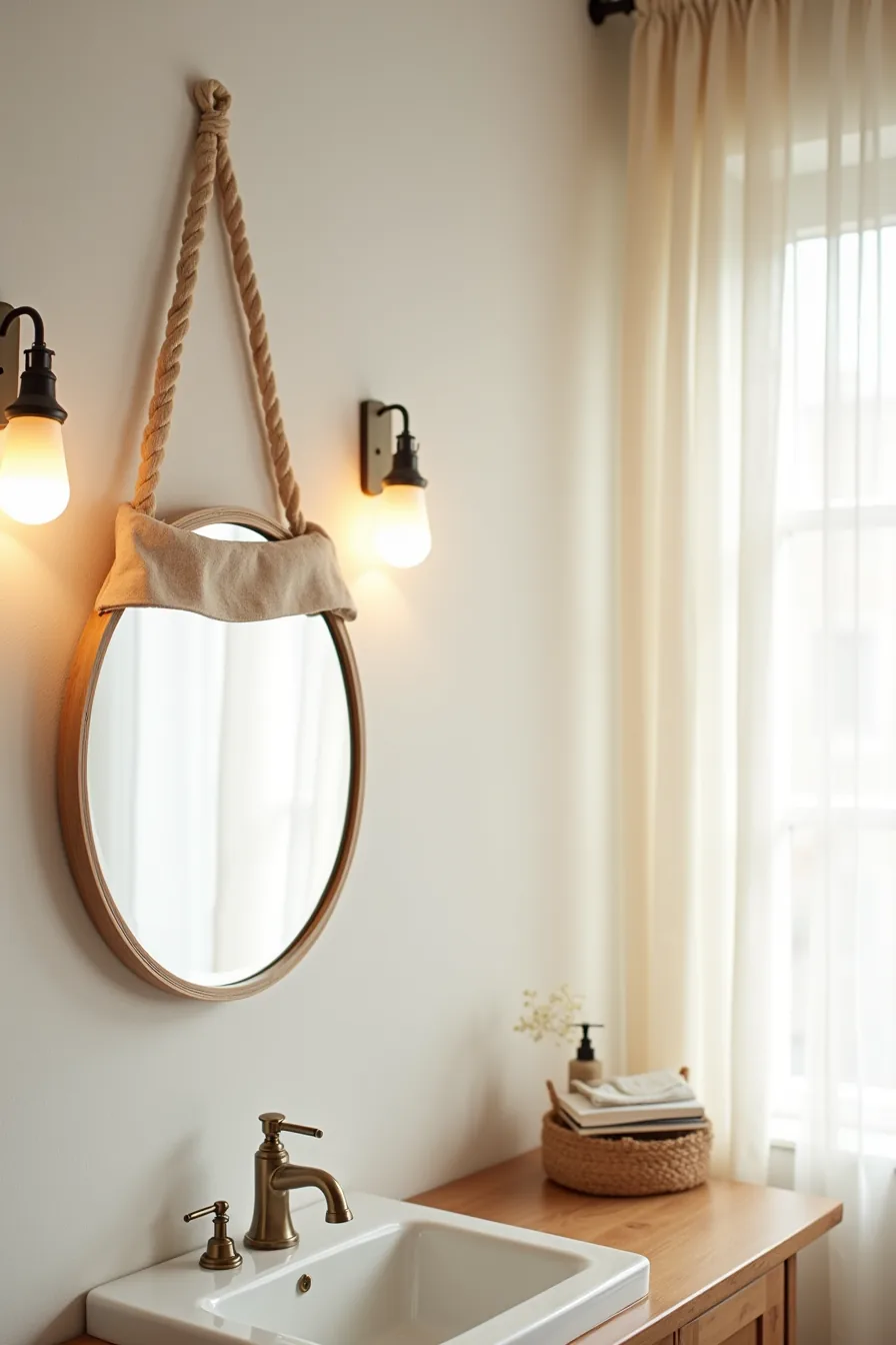 A round mirror is framed with adhesive garland and topped with a removable fabric banner on a white wall.