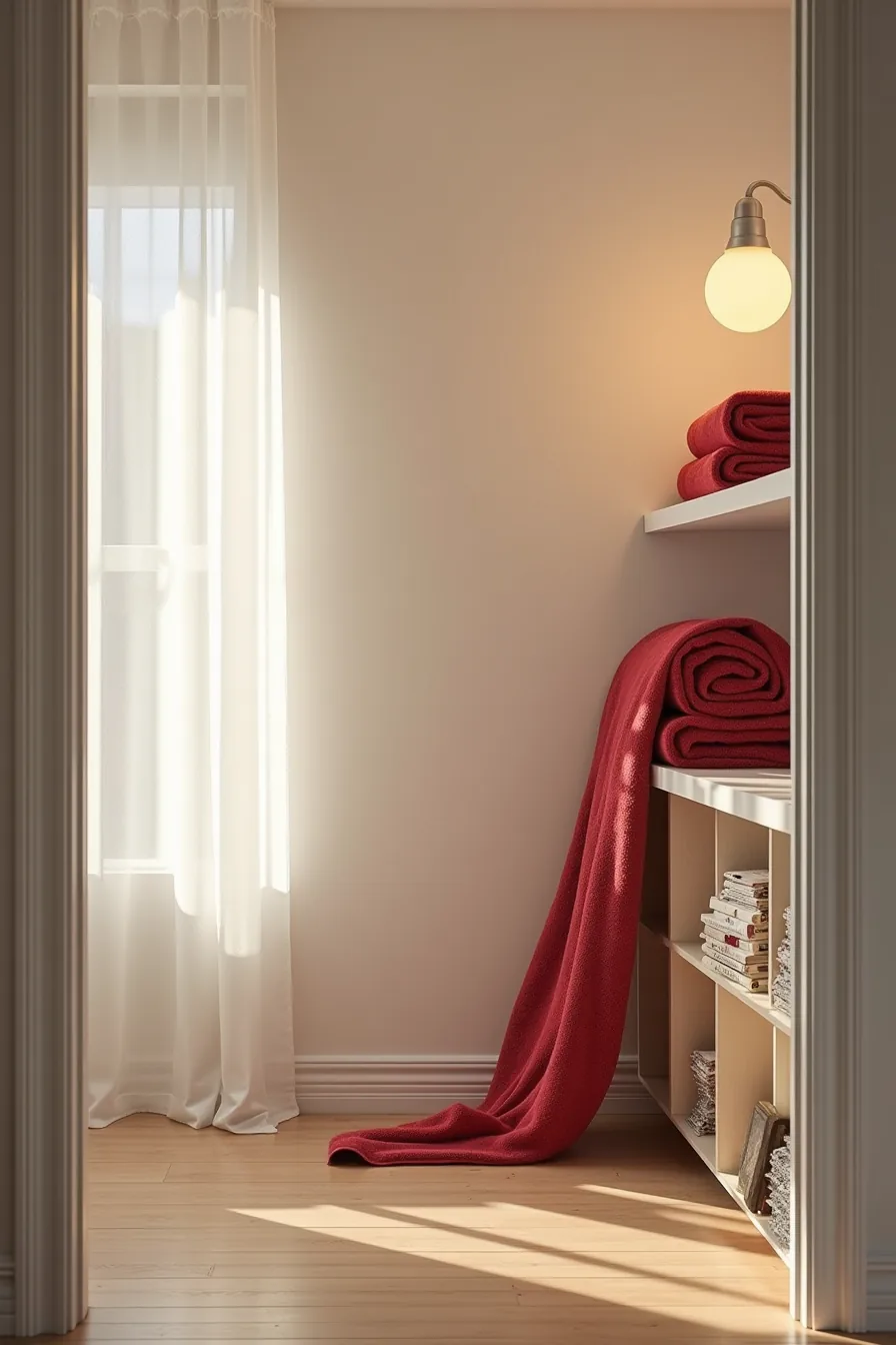 Linen closet shelves display stacked crimson towels, a rolled burgundy bath mat, and a festive shower curtain.