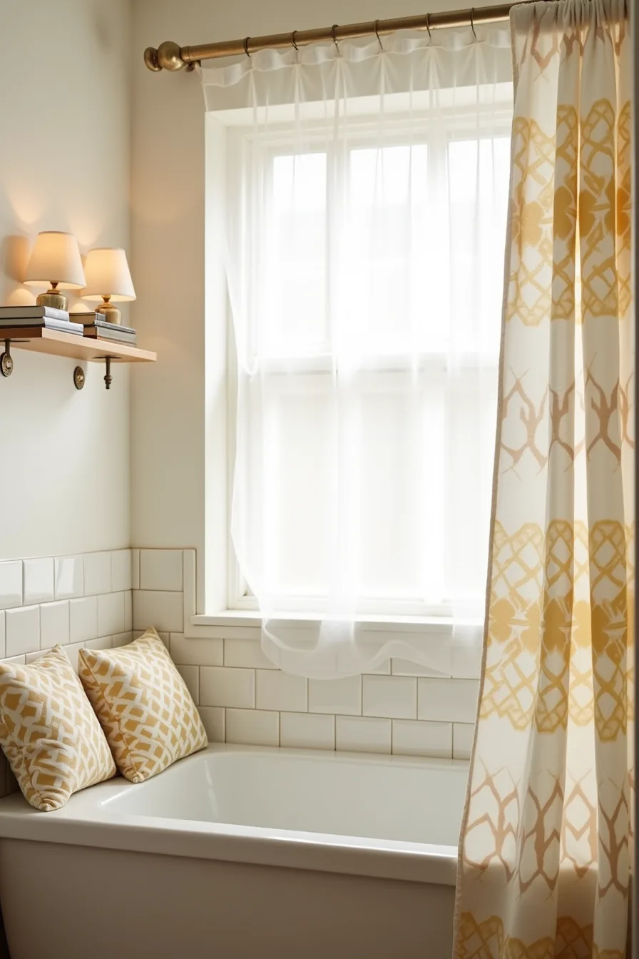 A geometric gold and white shower curtain frames bath pillows at the tub rim with a ceramic soap holder on tile.