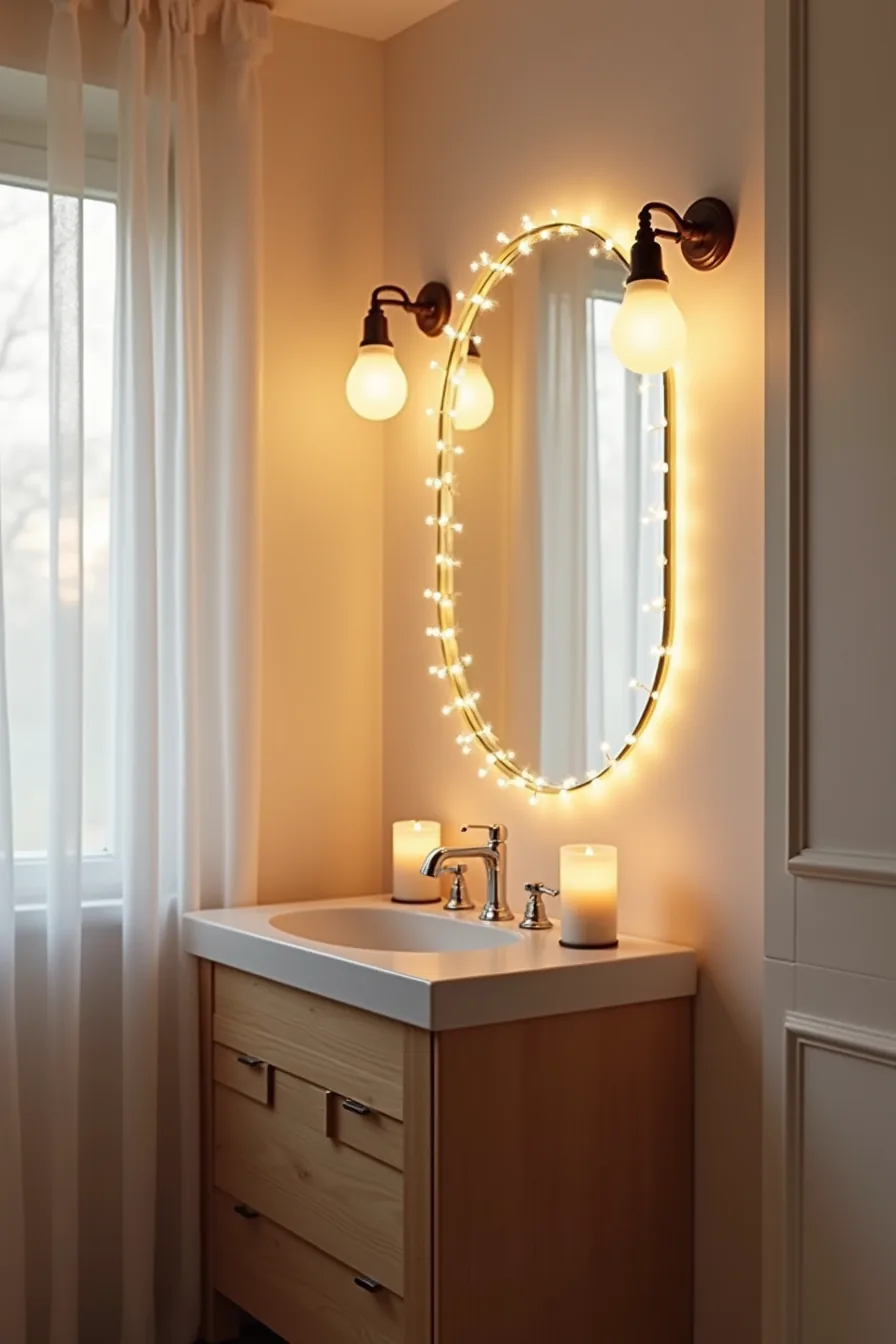 LED string lights wrap around a bathroom mirror flanked by battery-operated candles casting warm reflections.