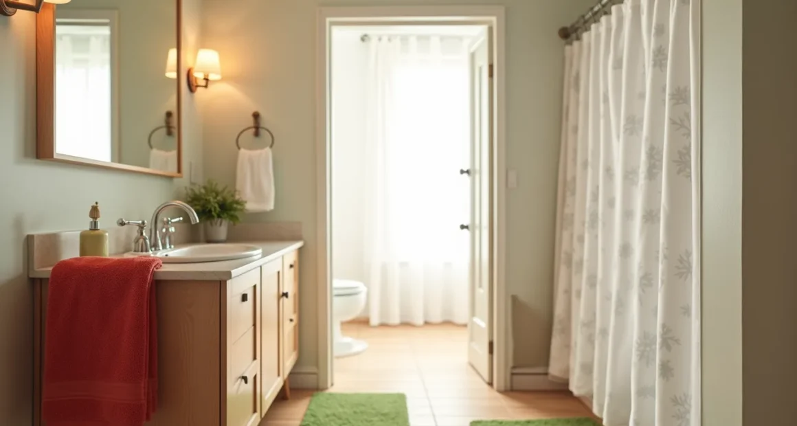 Red hand towel hangs from a chrome ring above a green bath mat, with a snowflake shower curtain visible behind.
