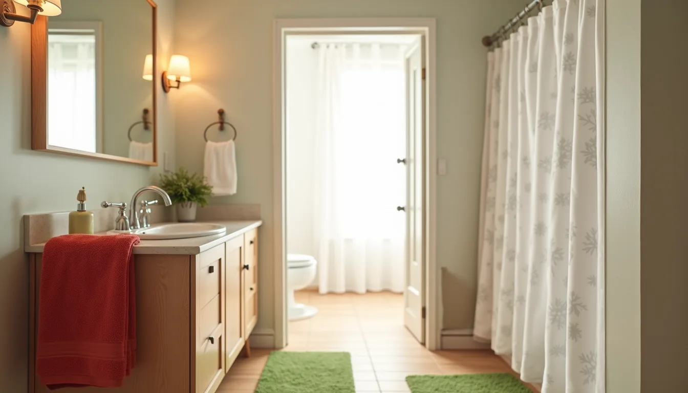 Red hand towel hangs from a chrome ring above a green bath mat, with a snowflake shower curtain visible behind.
