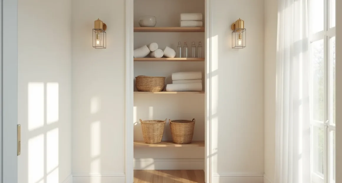 White bathroom closet with three staggered floating shelves displaying rolled towels, clear bottles, and woven baskets.