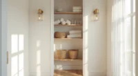 White bathroom closet with three staggered floating shelves displaying rolled towels, clear bottles, and woven baskets.