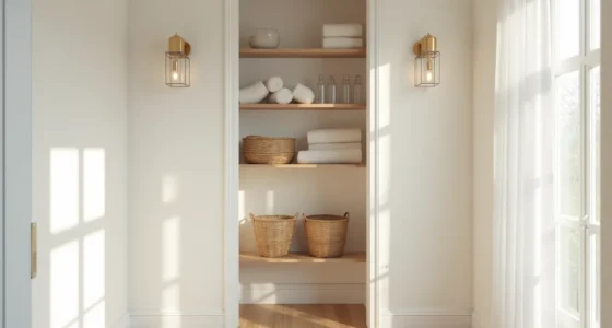 White bathroom closet with three staggered floating shelves displaying rolled towels, clear bottles, and woven baskets.