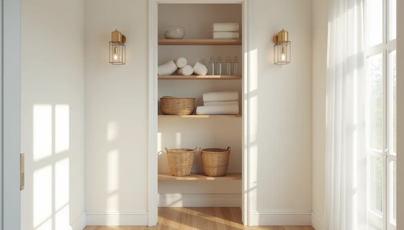 White bathroom closet with three staggered floating shelves displaying rolled towels, clear bottles, and woven baskets.