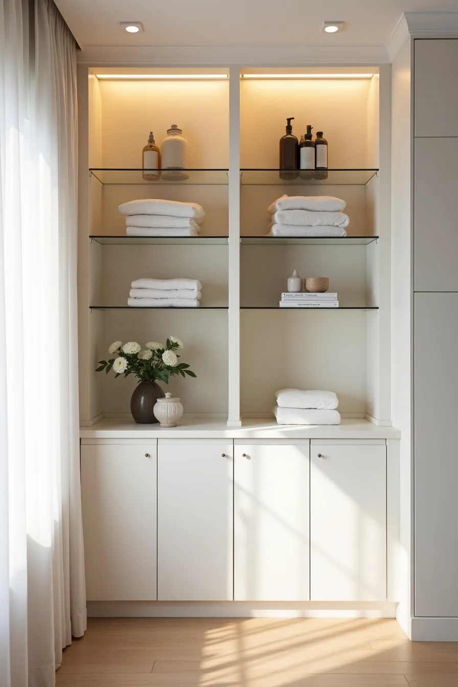 Full-height bathroom closet with white cabinet base, glass shelves, LED lighting, and organized bottles, linens, and