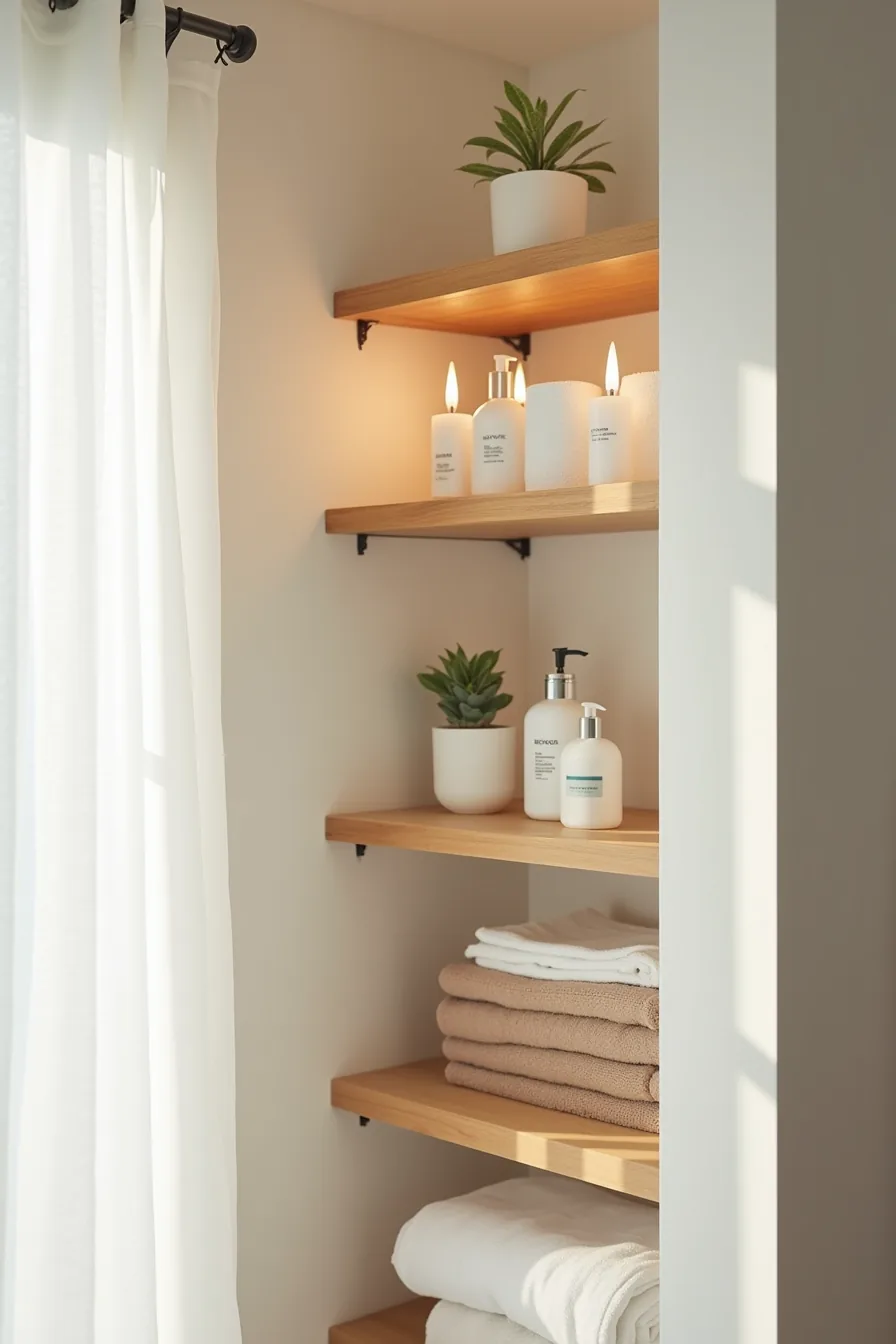 Corner closet shelving with metal brackets holding rolled towels, skincare bottles, potted plant, and folded washcloths