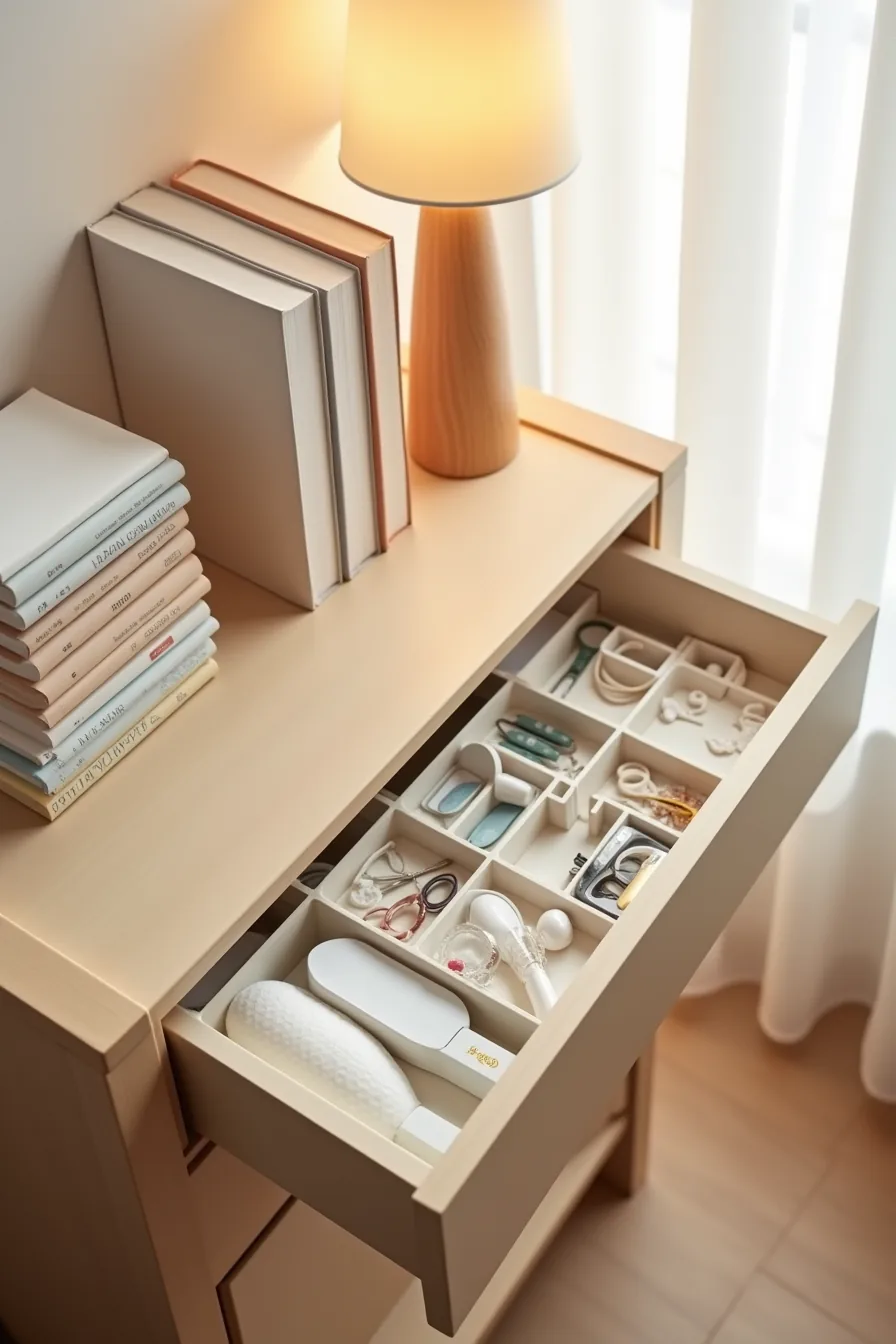 Organized drawer with plastic dividers separating cotton pads, hair clips, nail files, scissors, and elastic bands, with