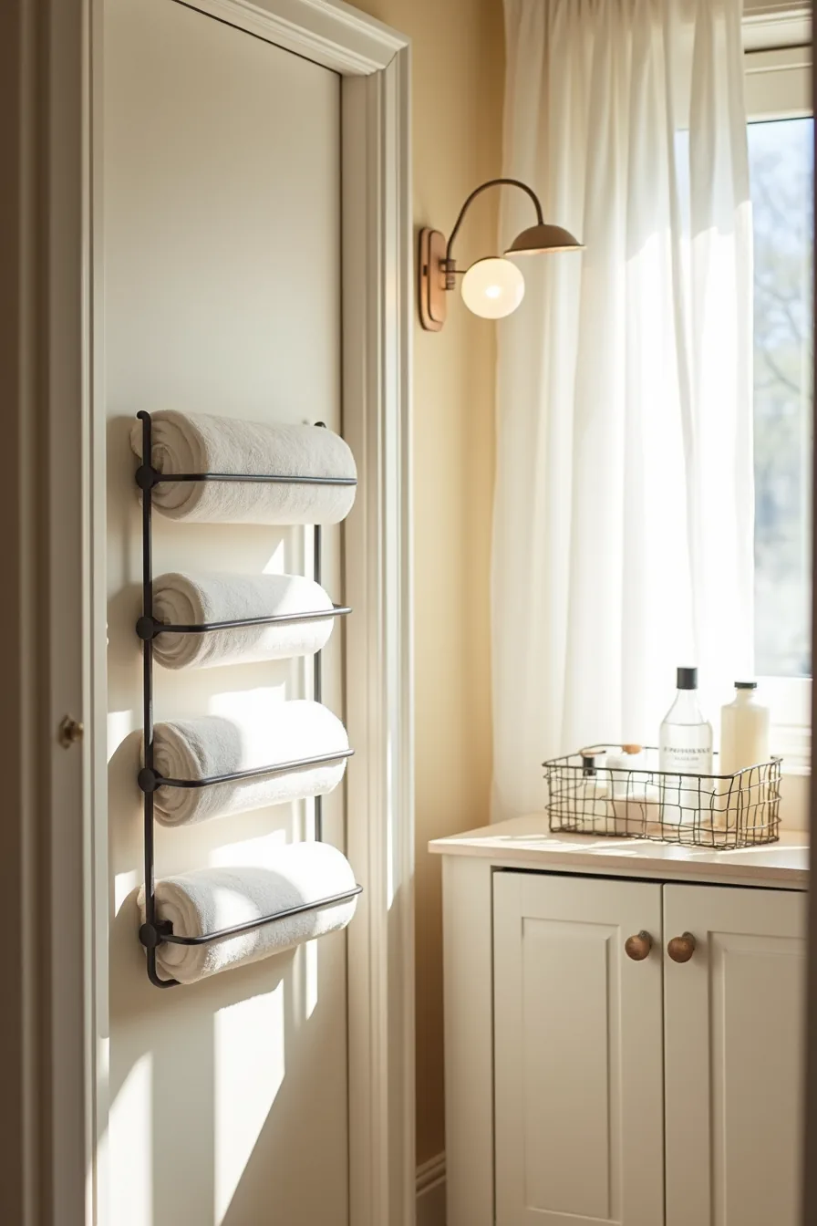Closet door interior with metal over-door rack holding rolled towels and wire basket storing spray bottles and containers.