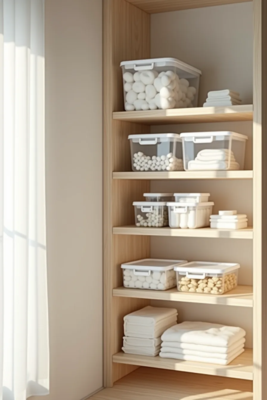 Six clear plastic storage boxes with white, gray, and cream lids stacked on shelves, showing visible contents of cotton