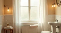 Warm beige bathroom corner with pedestal sink, subway tile backsplash, frosted window, and rolled cream towel.