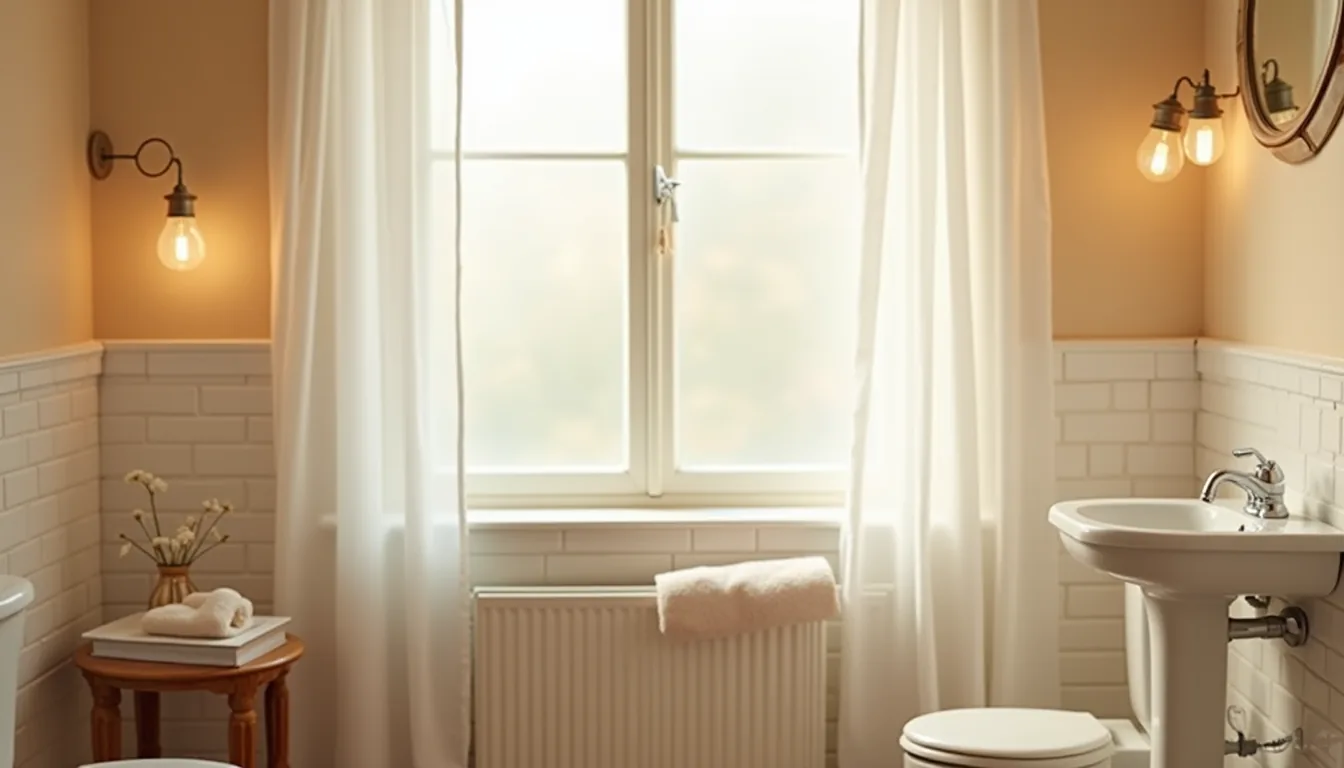Warm beige bathroom corner with pedestal sink, subway tile backsplash, frosted window, and rolled cream towel.