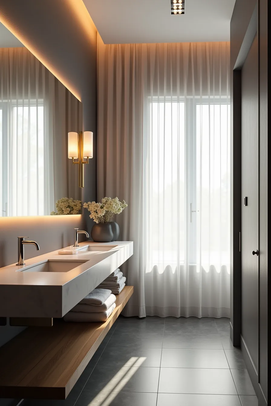 Luxurious bathroom featuring deep charcoal walls, white marble countertop, polished chrome mirror, and recessed lighting.