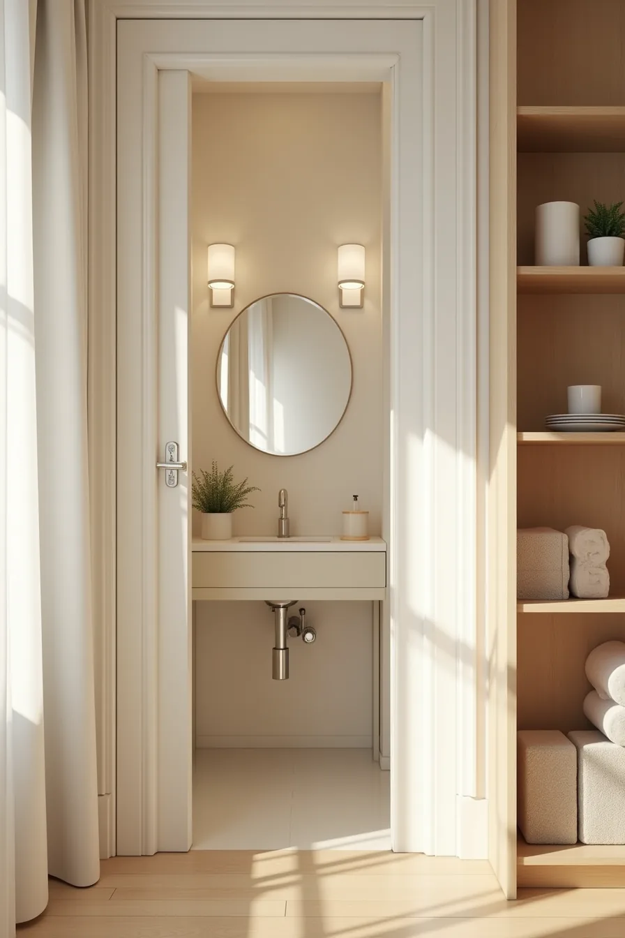 Compact cream-walled bathroom with round mirror, narrow vanity, and pale wood shelving holding folded linens.