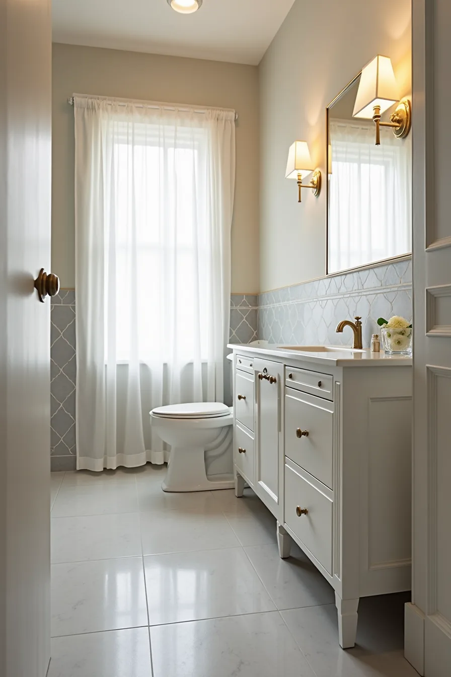 Bathroom with geometric gray-and-white tile wainscot, white vanity with brass hardware, and natural side lighting.
