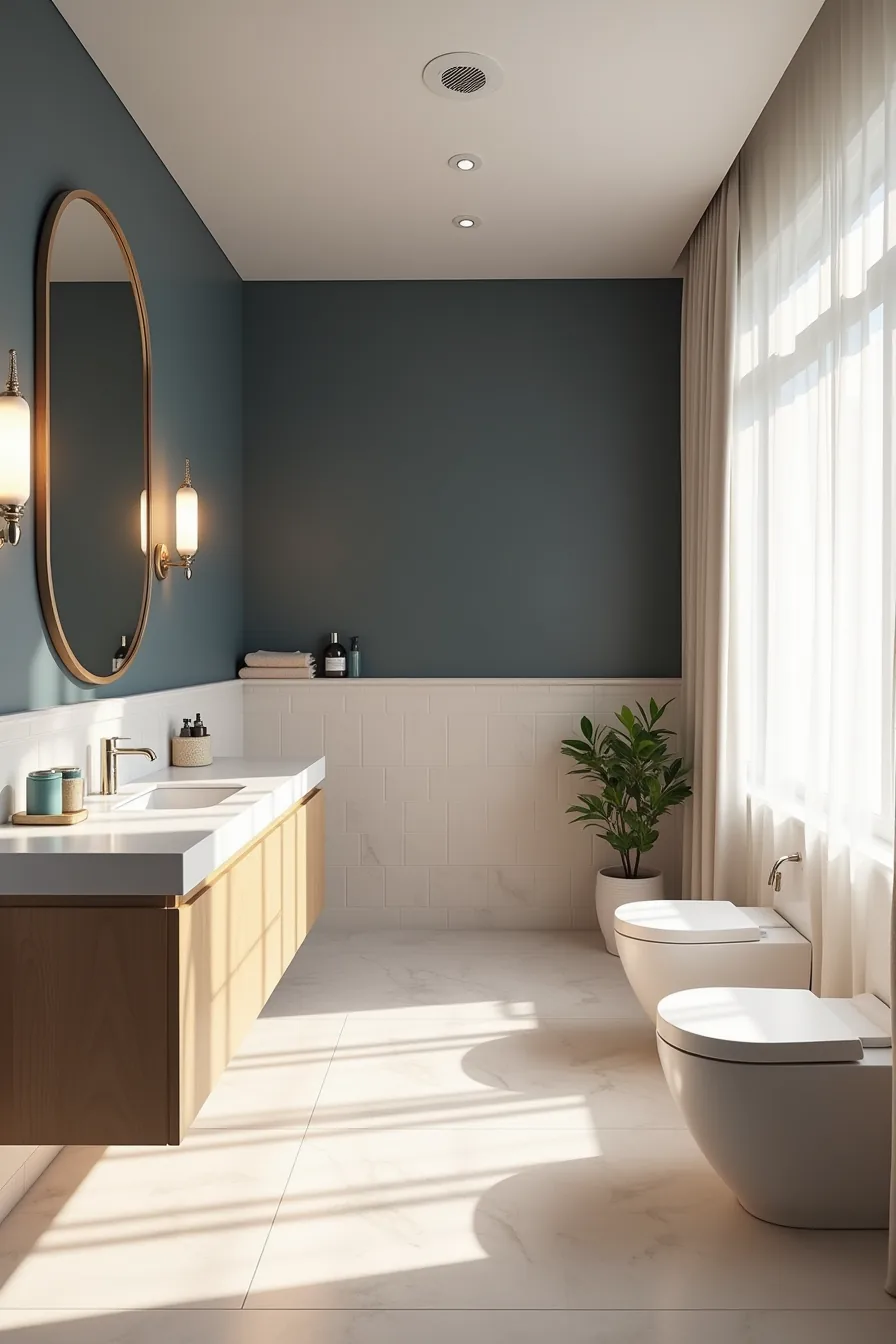 Luxury bathroom with matte navy walls, porcelain tile wainscot, integrated LED mirror lighting, and polished nickel fixtures.