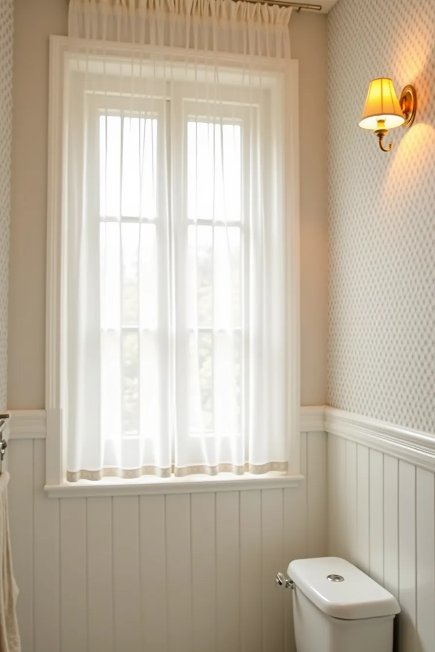 Rental bathroom with geometric peel-and-stick wallpaper on two walls, removable hooks, and temporary shower curtain rod.