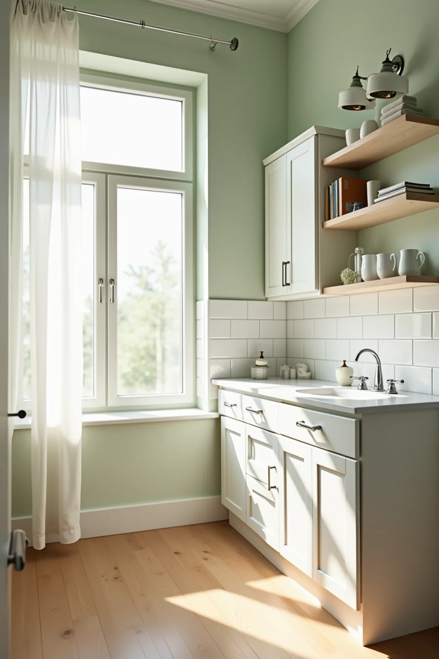 Sage-green bathroom with white subway tile wainscot, chrome fixtures, ceramic accessories, and sheer-curtained window.