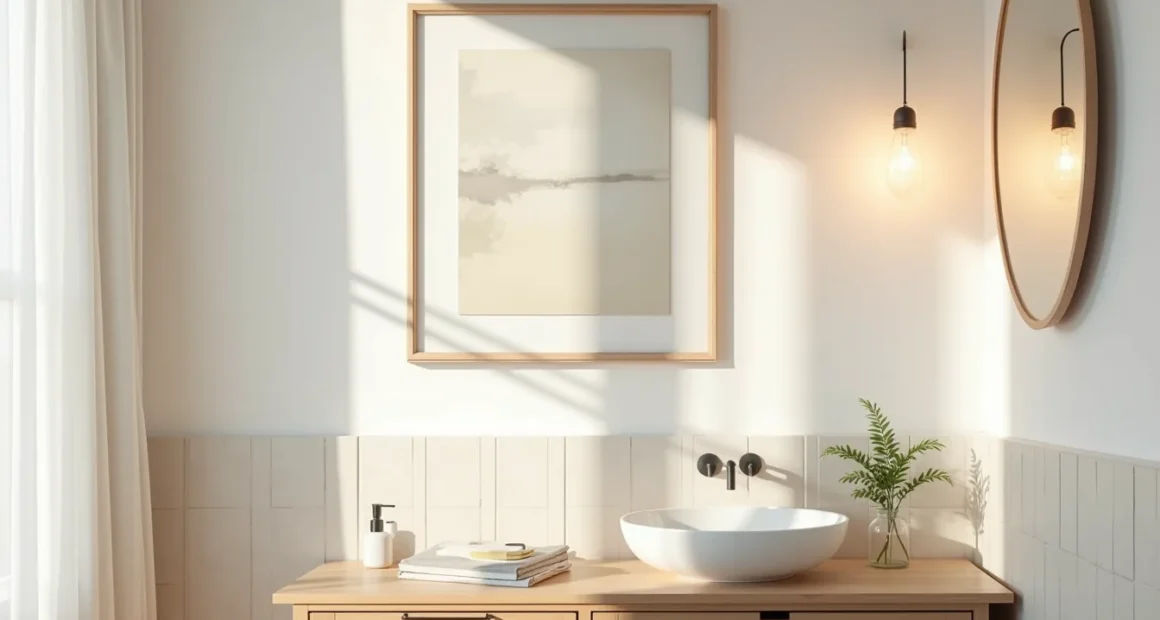Framed abstract artwork displayed beside a round mirror above a bathroom vanity with ceramic soap dispenser and potted plant.