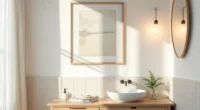 Framed abstract artwork displayed beside a round mirror above a bathroom vanity with ceramic soap dispenser and potted plant.