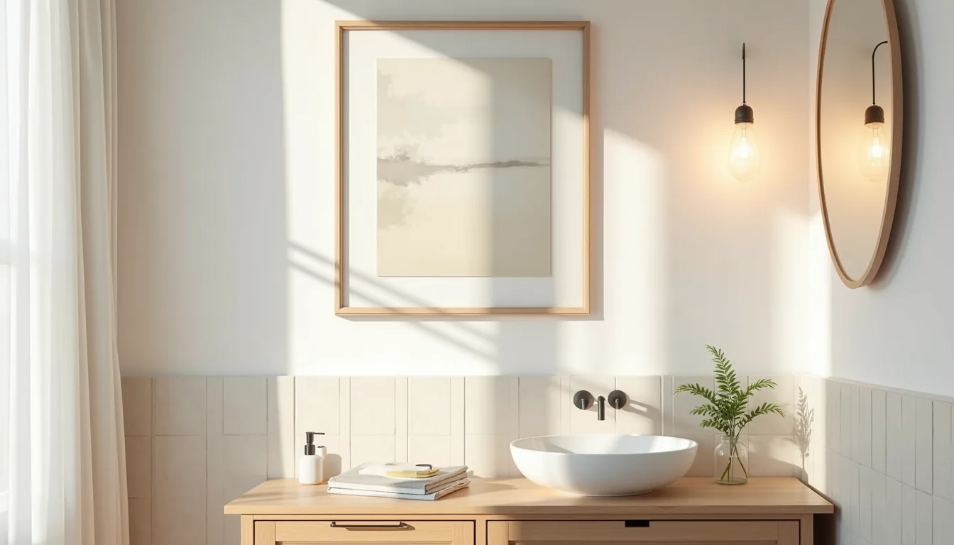 Framed abstract artwork displayed beside a round mirror above a bathroom vanity with ceramic soap dispenser and potted plant.