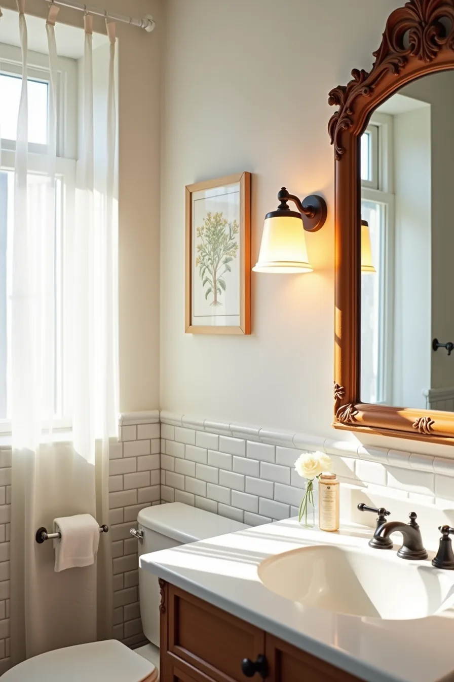 Botanical print in acrylic sleeve and ornate wooden-framed mirror shown side-by-side on bathroom wall above towel bar.