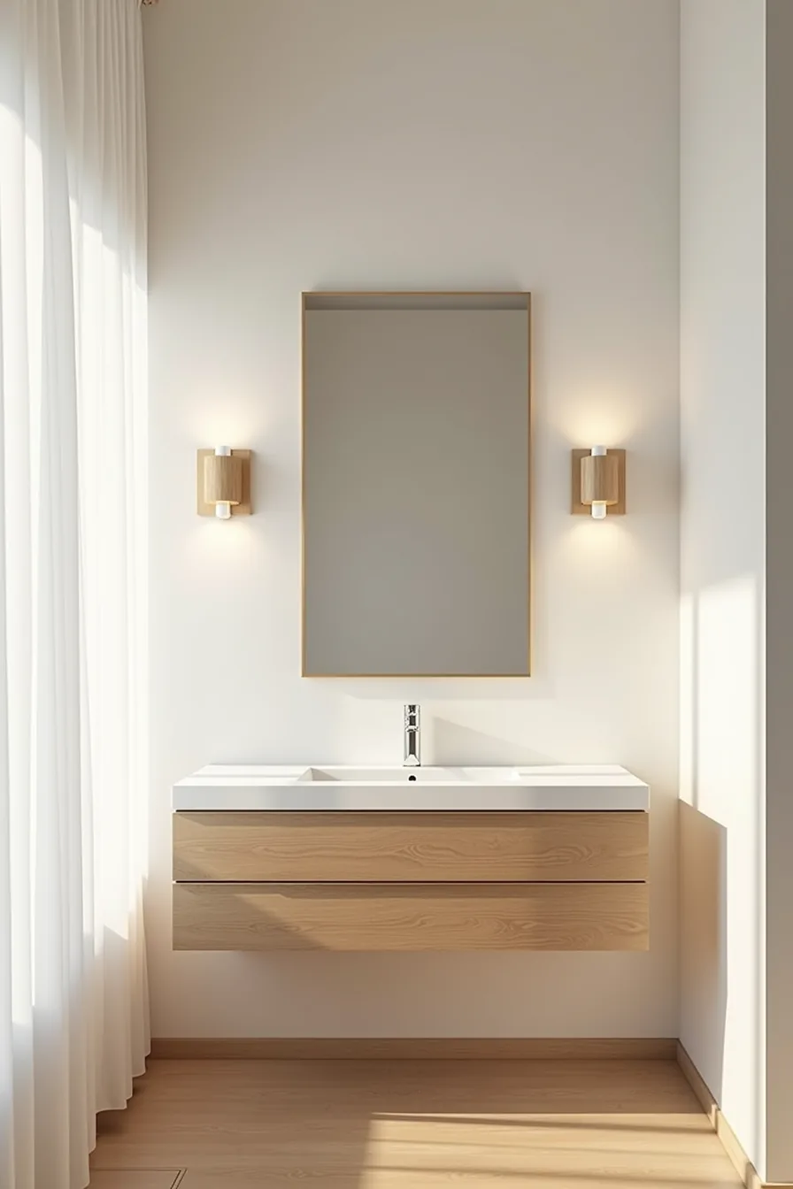 Medium-scale mirror centered above vanity with two smaller framed pieces flanking symmetrically and chrome fixtures.