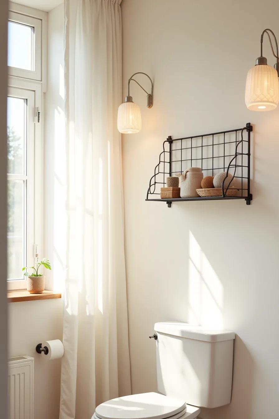 Geometric adhesive decals and command strip-mounted wire shelf with decorative objects on plain white bathroom wall.