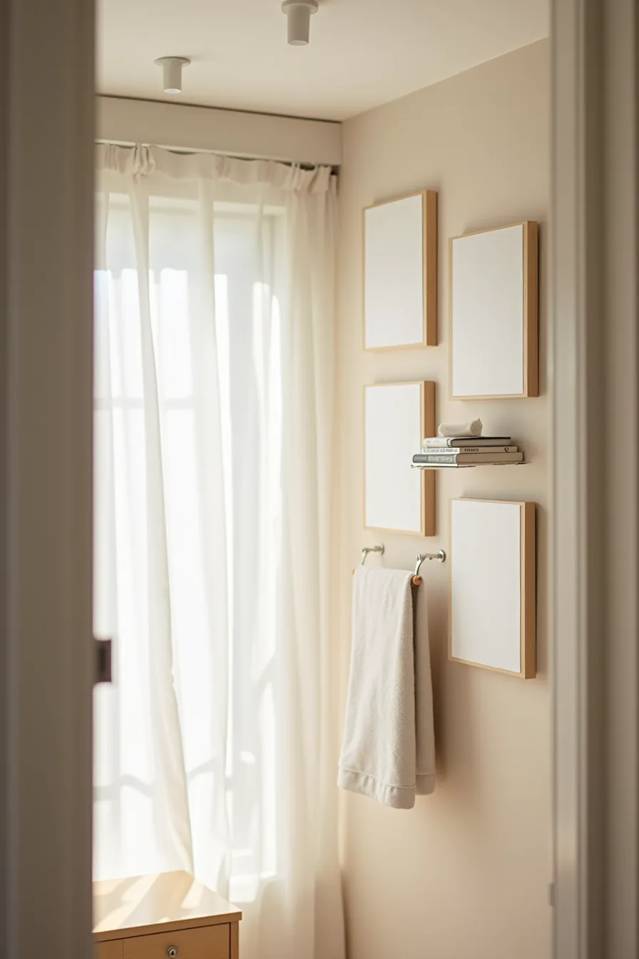 Canvas prints secured with adhesive strips share wall space with a magnetic panel and fabric banner hung on a tension rod.