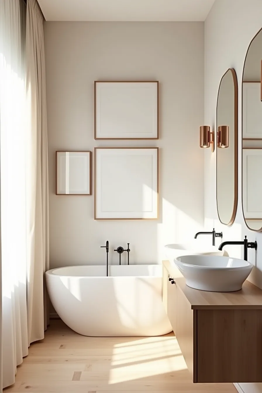 Two large mirrors, three framed prints, and two wall sconces are arranged asymmetrically across an expansive bathroom wall.