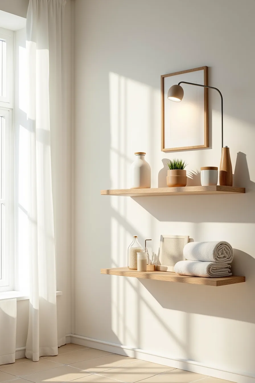 Two wooden floating shelves display rolled towels, glass jars, ceramic vessels, and small plants with balanced spacing.