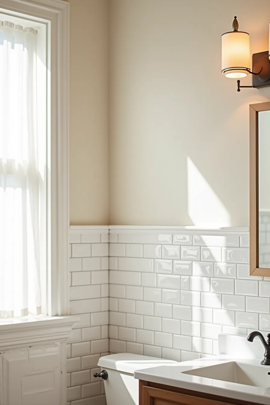 Geometric peel-and-stick wallpaper covers the upper wall above a white subway tile wainscot with clean seams.