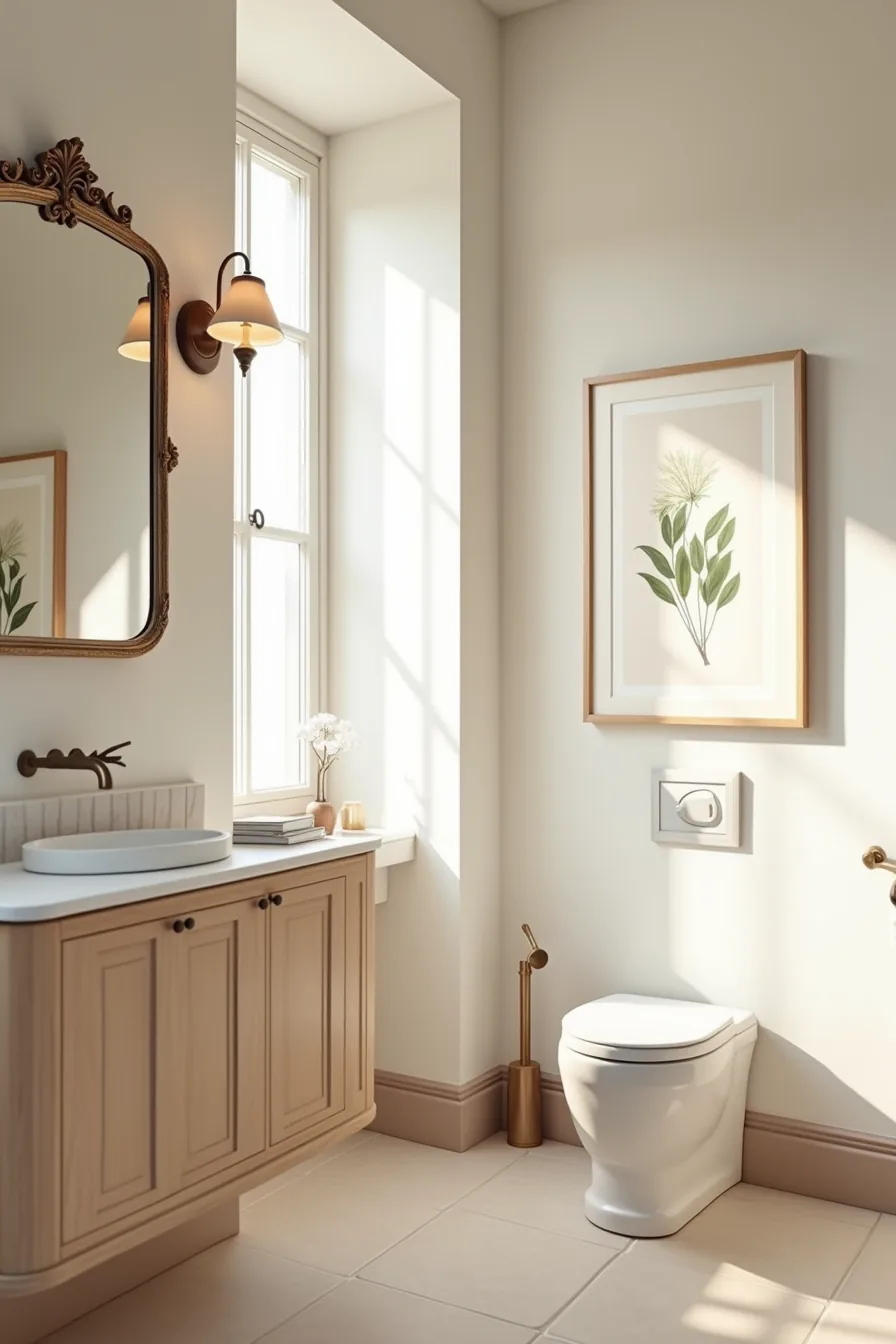 An ornate mirror on the left reflects light while a framed botanical print hangs at eye level on the right side of a tiled