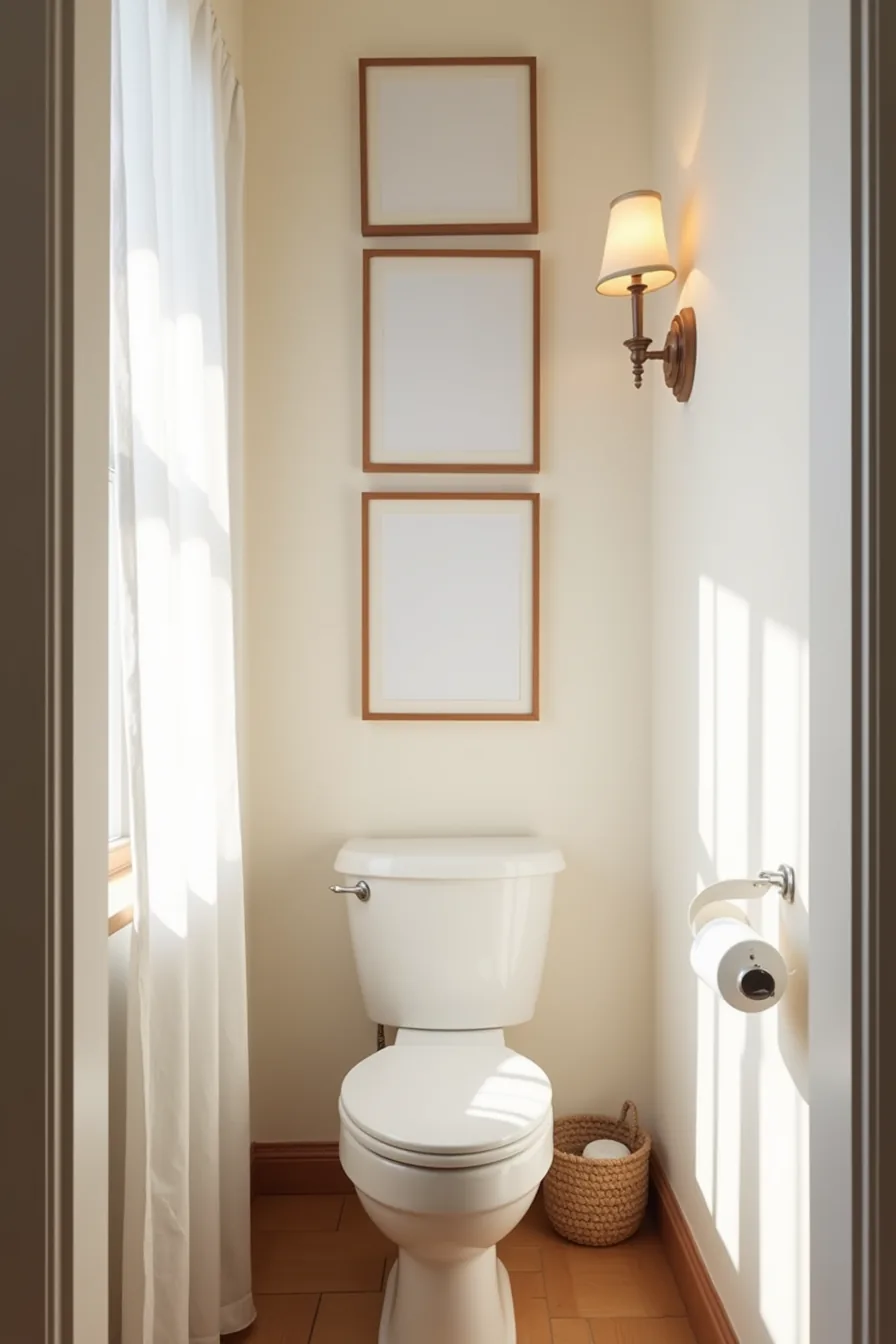 Five small framed prints stack vertically above a toilet with a woven basket hung nearby in a narrow space.