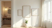 Three abstract prints hang vertically beside a round mirror, with a small succulent plant on the sink counter below.