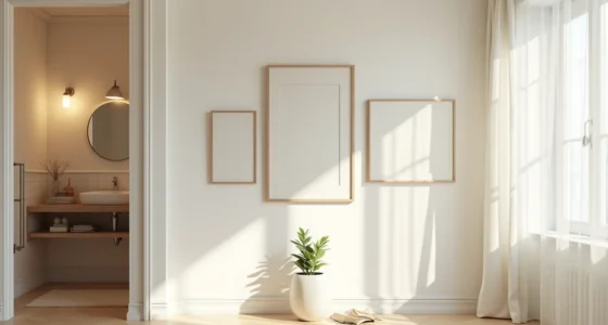 Three abstract prints hang vertically beside a round mirror, with a small succulent plant on the sink counter below.