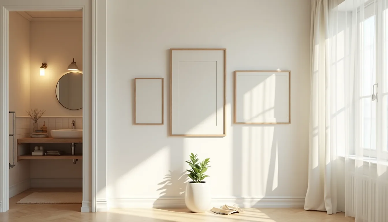 Three abstract prints hang vertically beside a round mirror, with a small succulent plant on the sink counter below.