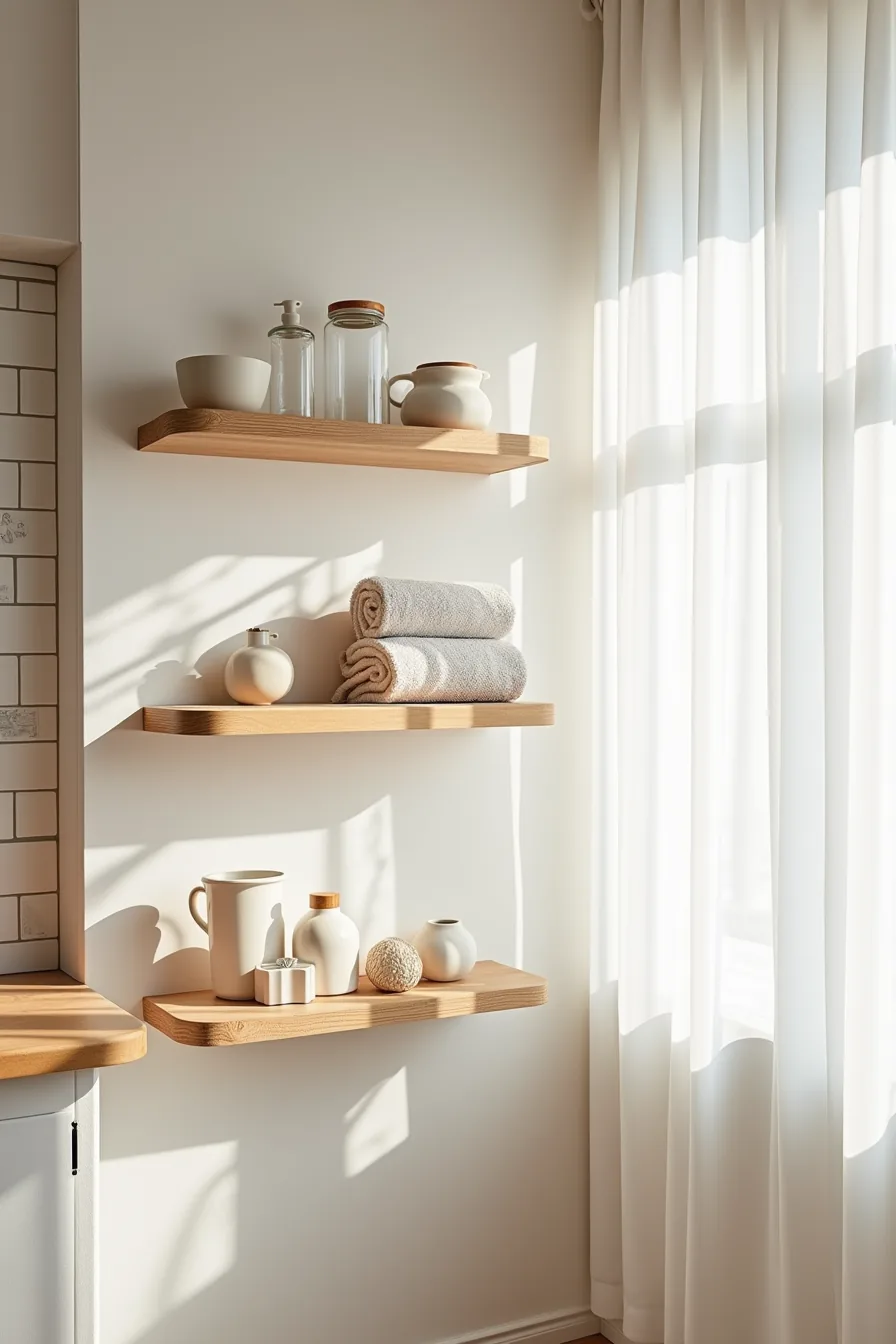 Three staggered floating shelves hold rolled towels, glass jars, ceramic vessels, and sculptural objects against subway tile.