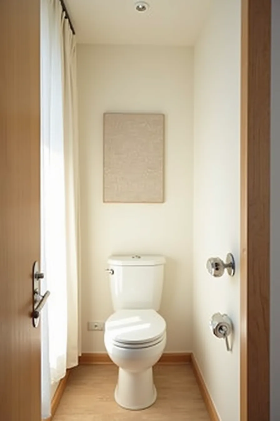Vertical canvas artwork centered above toilet tank with chrome towel ring on narrow bathroom wall.
