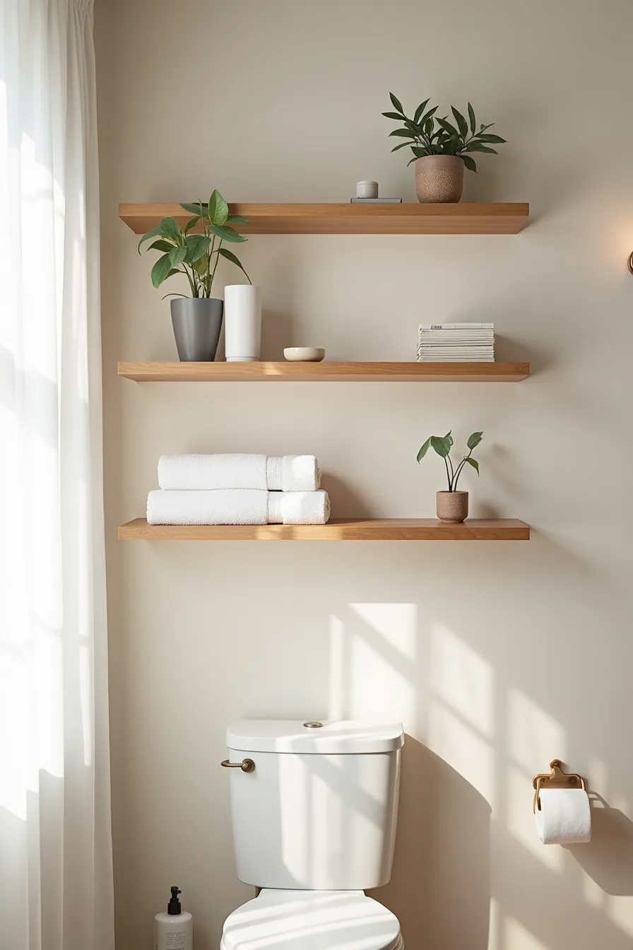 Three floating oak shelves above toilet displaying rolled towels, ceramic containers, and potted plants.