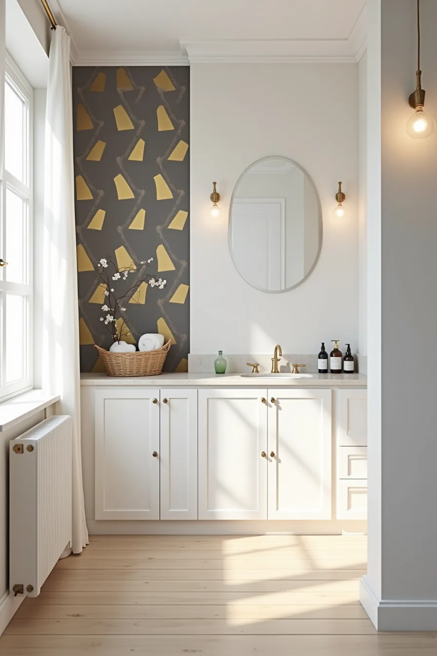 Charcoal and gold geometric triangle wallpaper on accent wall behind bathroom vanity.