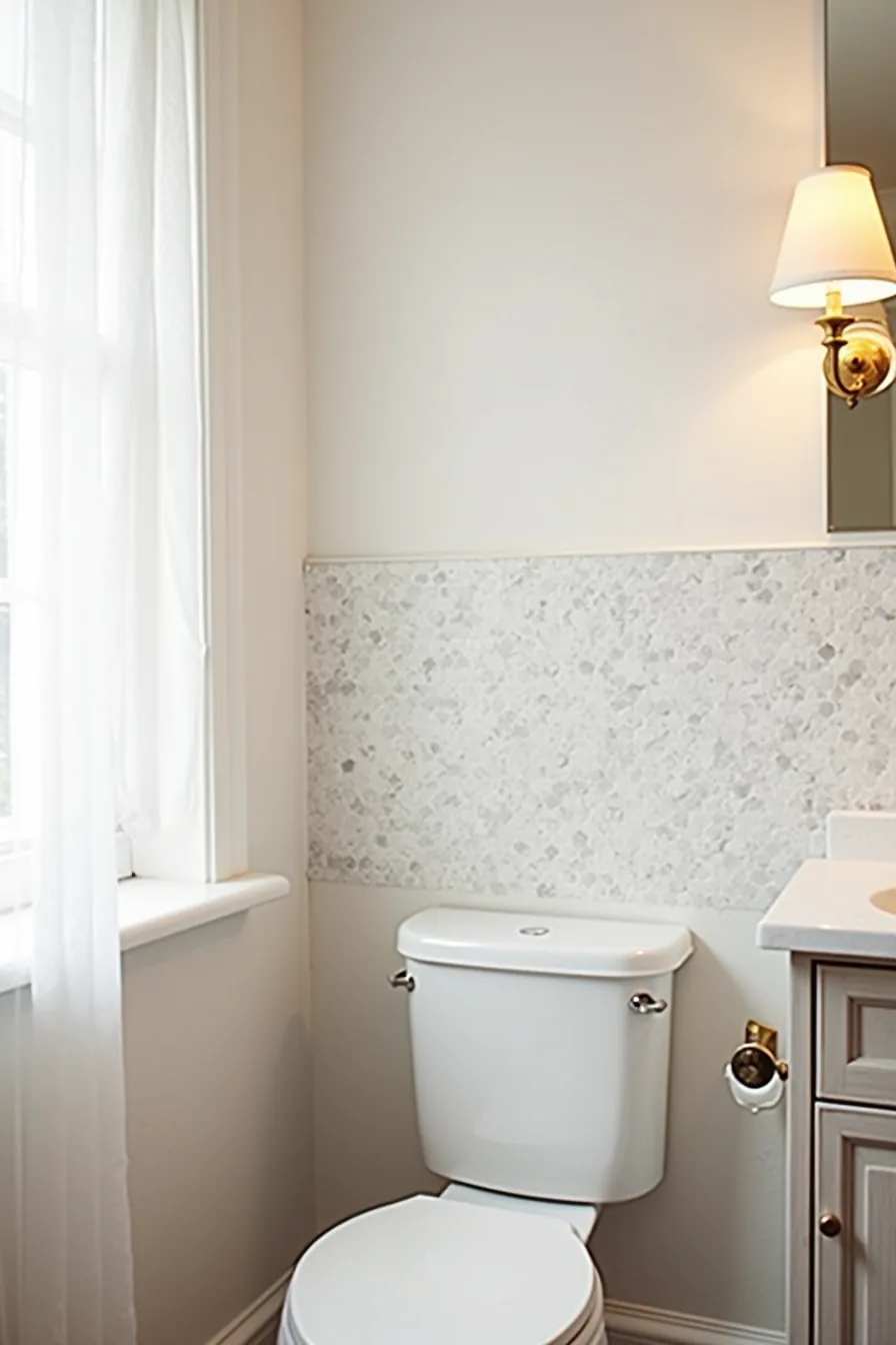 Peel-and-stick hexagonal tile mosaic in white and gray covering half a bathroom wall.