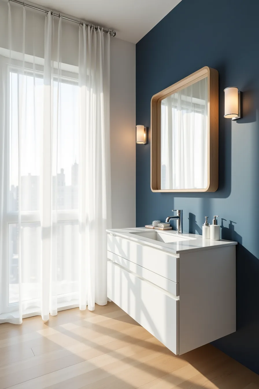Navy blue accent wall behind white vanity with chrome mirror frame in bathroom.