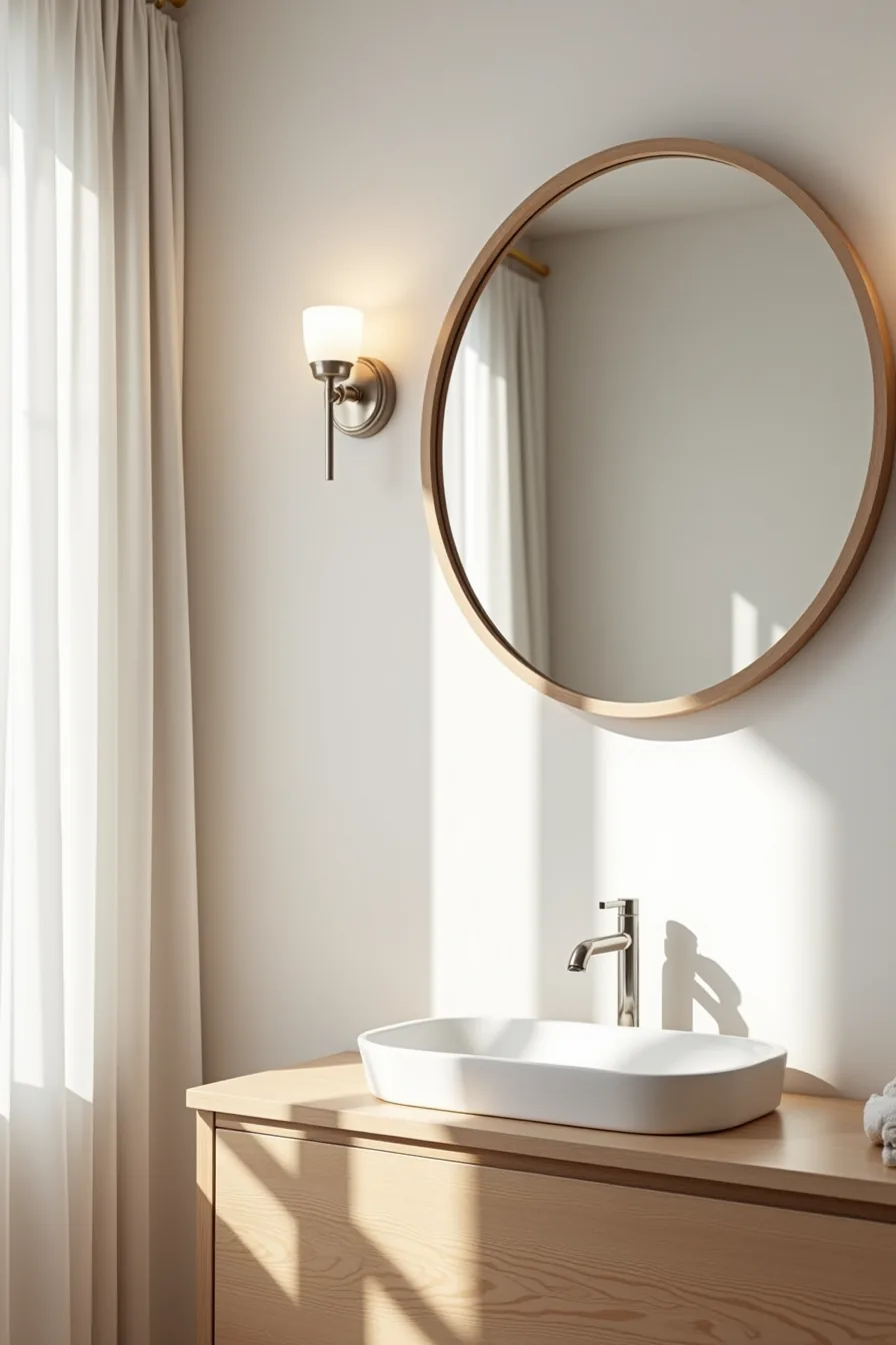 Large round mirror with brushed-nickel frame flanked by wall sconces above white painted bathroom wall.